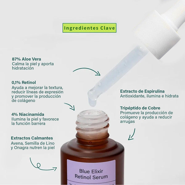 Ingredientes clave del Blue Elixir de Meisani: aloe vera 87%, retinol 0,1%, niacinamida 4% y tripéptido de cobre