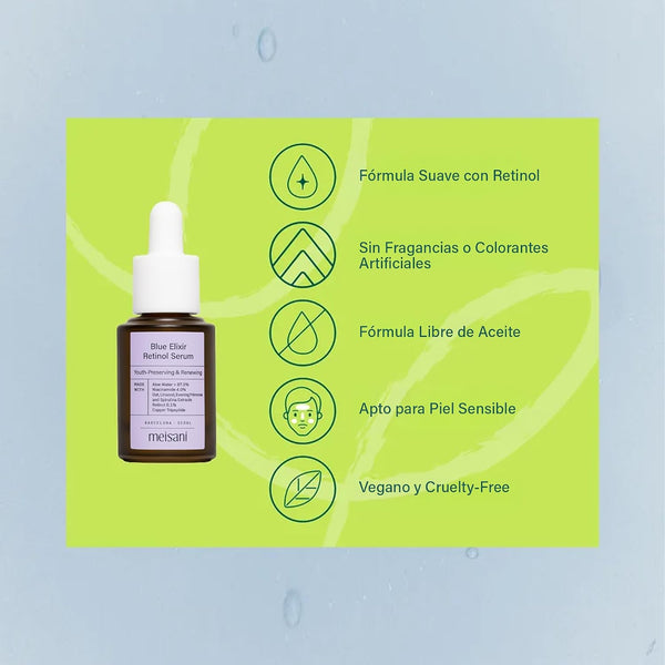 Beneficios del Blue Elixir de Meisani: fórmula suave con retinol, sin fragancias, libre de aceite y vegana