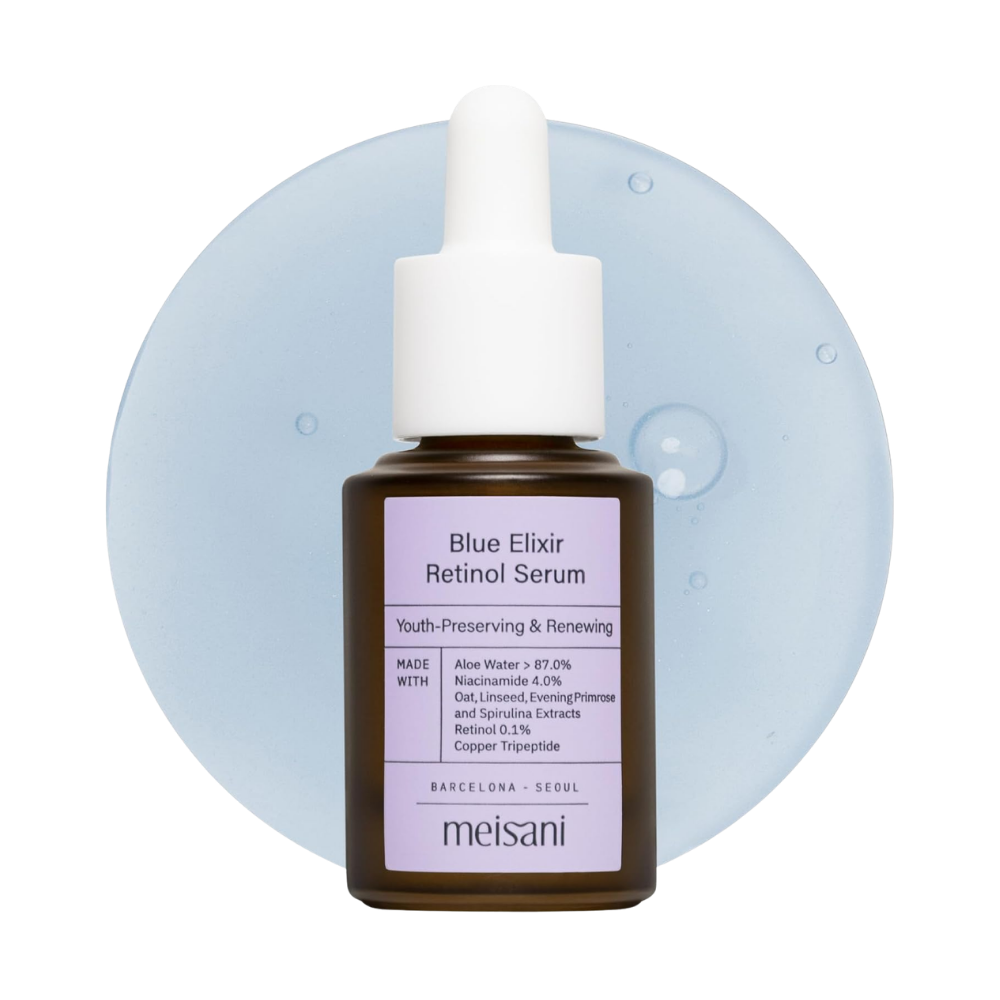 Sérum antiedad Blue Elixir con retinol 0,1% de Meisani, frasco de 15 ml