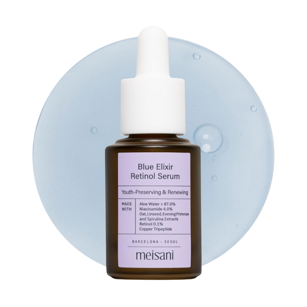 Frasco del sérum Blue Elixir con retinol de Meisani sobre su textura ligera en gel