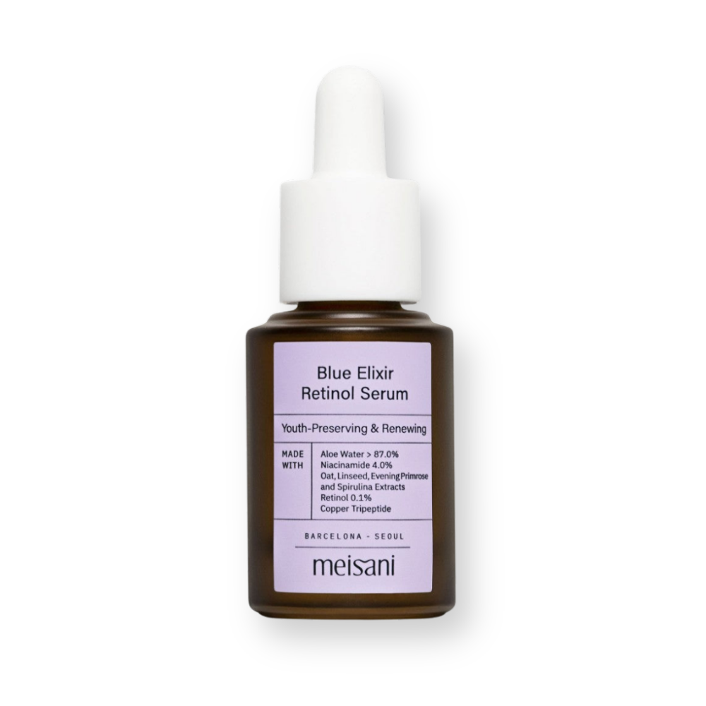 Sérum antiedad Blue Elixir con retinol 0,1% de Meisani, frasco de 15 ml