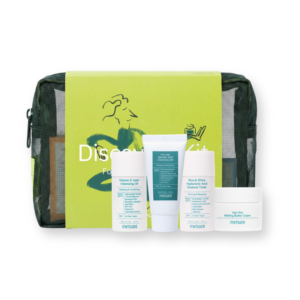 Meisani Discovery Kit para piel normal a seca: caja verde lima, neceser de malla y los cuatro minis en su estuche