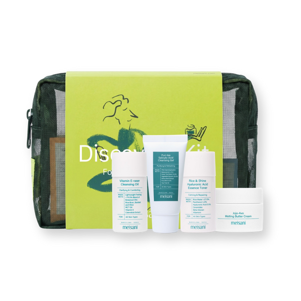 Contenido del Meisani Discovery Kit para piel normal a seca: aceite limpiador Vitamin E-raser, gel Puri-Tea, tónico Rice & Shine y crema Melting Butter