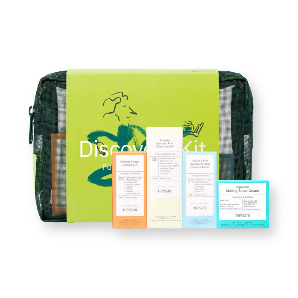 Meisani Discovery Kit para piel normal a seca: caja verde lima, neceser de malla y los cuatro minis en su estuche