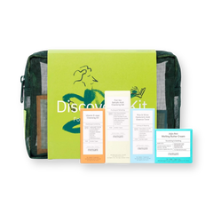 Meisani Discovery Kit para piel normal a seca: caja verde lima, neceser de malla y los cuatro minis en su estuche