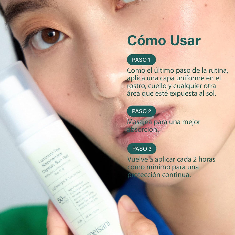 Protector solar en gel Luminosi-Tea Niacinamide Capsule Sun Gel SPF50 de Meisani, 50 ml