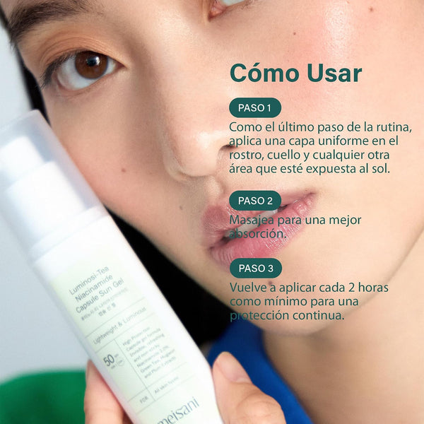 Cómo usar el protector solar en gel Luminosi-Tea SPF50 de Meisani, paso a paso
