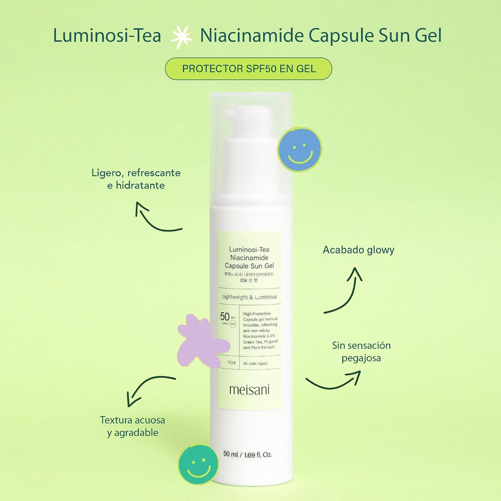 Protector solar en gel Luminosi-Tea Niacinamide Capsule Sun Gel SPF50 de Meisani, 50 ml