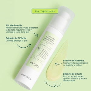 Ingredientes clave del Luminosi-Tea SPF50 de Meisani: niacinamida 2%, té verde, artemisa y ciruela