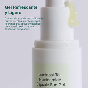 Gel refrescante con microcápsulas que se derriten al aplicar el Luminosi-Tea SPF50 de Meisani