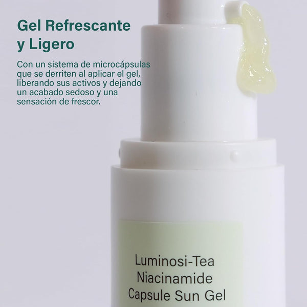 Gel refrescante con microcápsulas que se derriten al aplicar el Luminosi-Tea SPF50 de Meisani