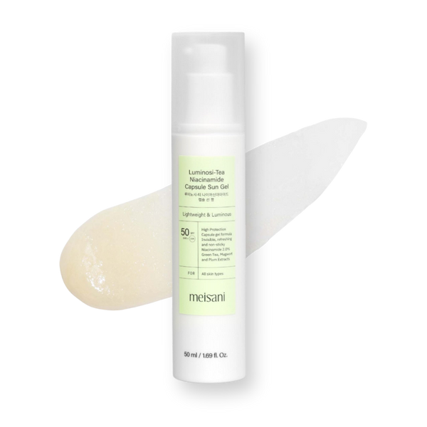 Protector solar en gel Luminosi-Tea SPF50 de Meisani junto a su textura de microcápsulas