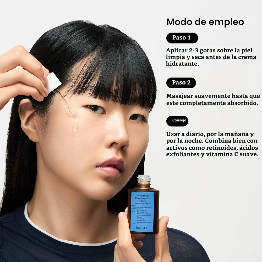 Sérum hidratante Plump Drops con 8 hialurónicos de Meisani, frasco de 30 ml