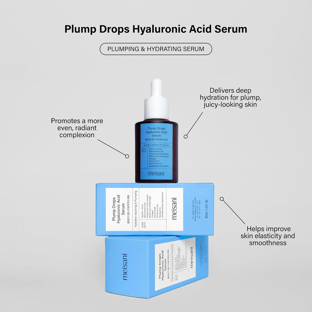 Sérum hidratante Plump Drops con 8 hialurónicos de Meisani, frasco de 30 ml