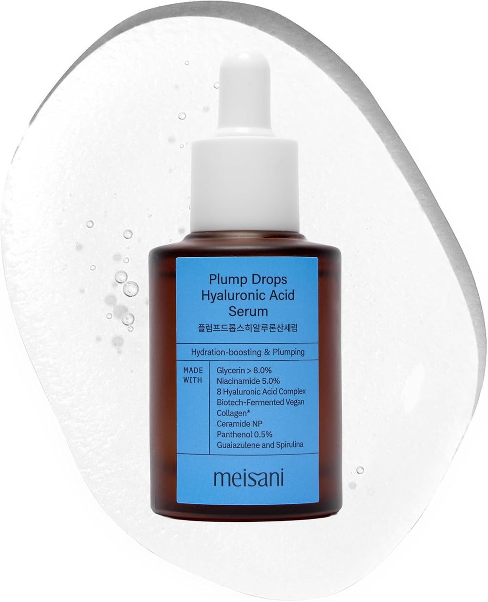 Sérum hidratante Plump Drops con 8 hialurónicos de Meisani, frasco de 30 ml