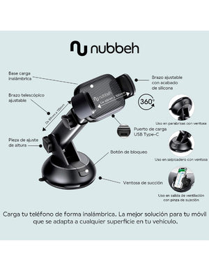 Esquema del soporte Nubbeh Atlas: brazo telescópico, giro 360°, ventosa y base de carga inalámbrica
