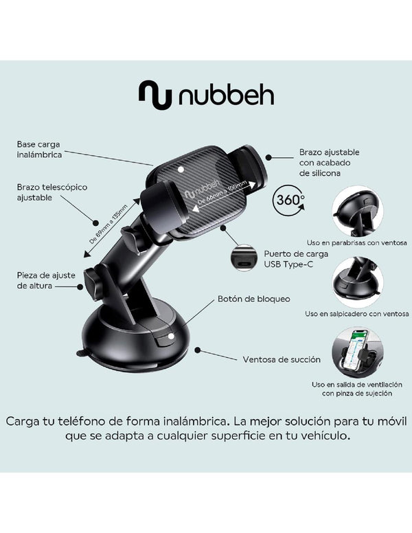 Esquema del soporte Nubbeh Atlas: brazo telescópico, giro 360°, ventosa y base de carga inalámbrica