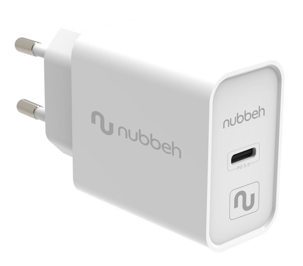 Cargador de pared Nubbeh Bhoot blanco con puerto USB-C de 20 W y Power Delivery 3.0