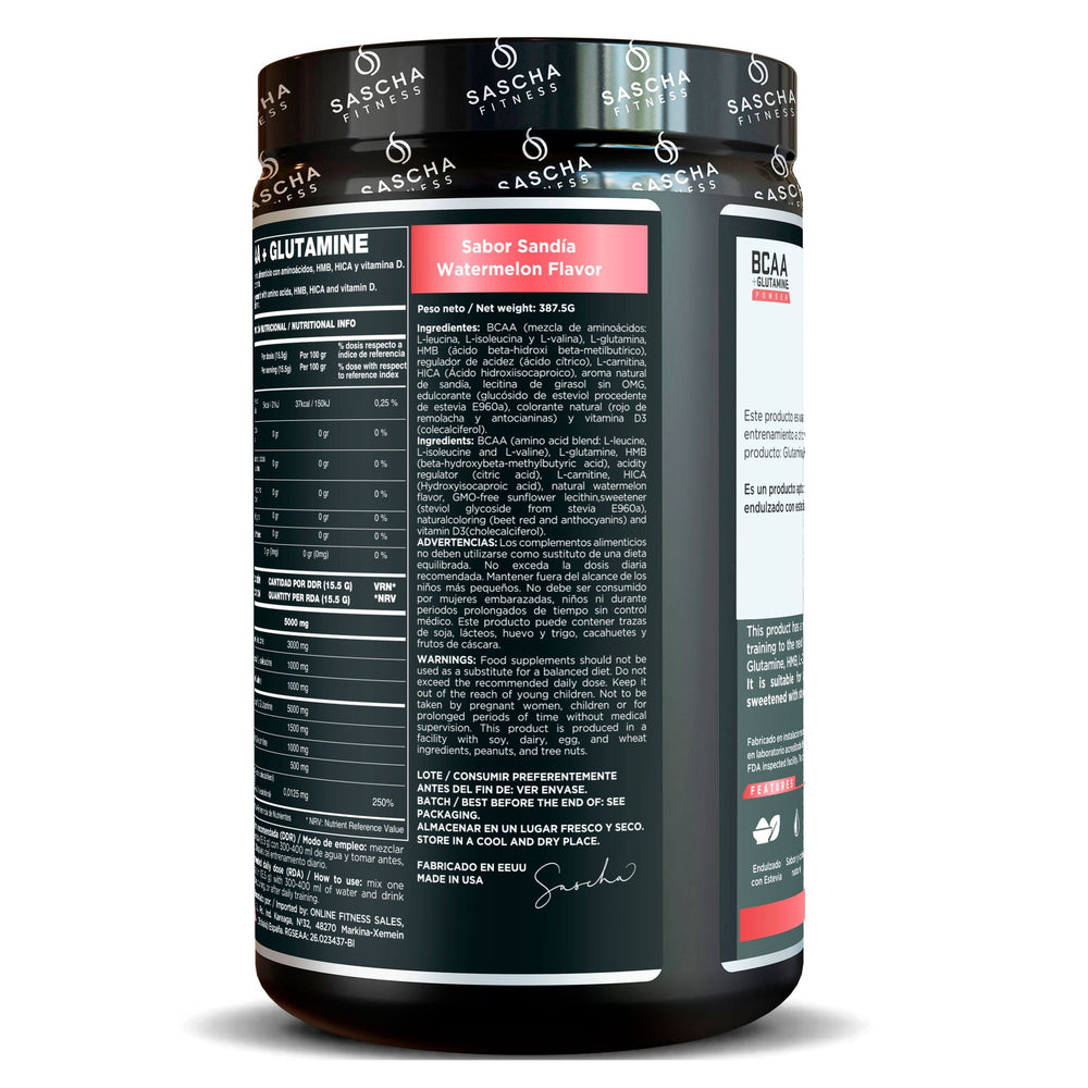 Envase de los BCAA con glutamina sabor sandía de Sascha Fitness