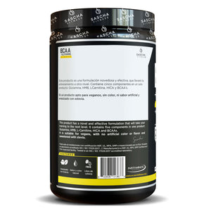 Vista posterior del envase de BCAA + Glutamina Piña de Sascha Fitness, 387,5 g