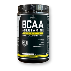 Vista frontal del bote de BCAA + Glutamina Piña de Sascha Fitness, 387,5 g