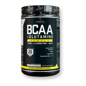 Vista frontal del bote de BCAA + Glutamina Piña de Sascha Fitness, 387,5 g