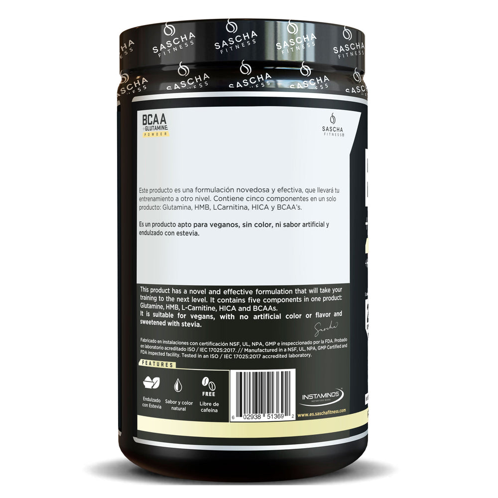 Vista frontal del bote de BCAA + Glutamina Piña Colada de Sascha Fitness, 387,5 g