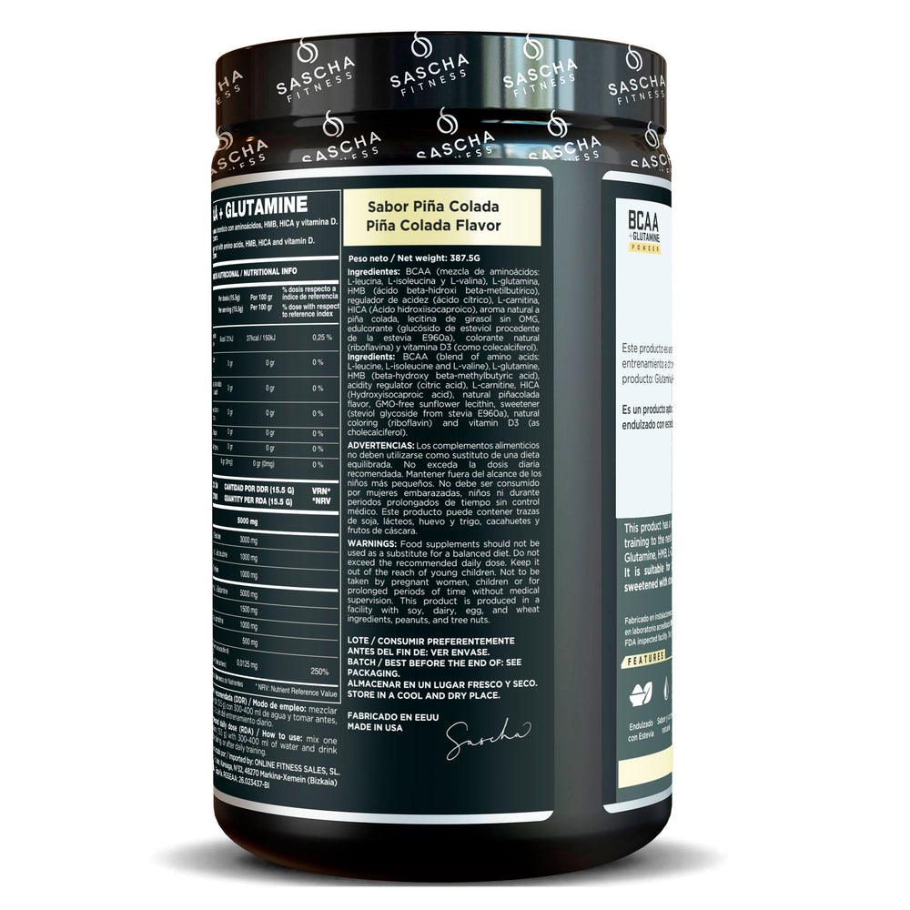Vista frontal del bote de BCAA + Glutamina Piña Colada de Sascha Fitness, 387,5 g