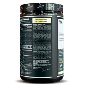 Ingredientes y advertencias de BCAA + Glutamina Piña Colada de Sascha Fitness, 387,5 g