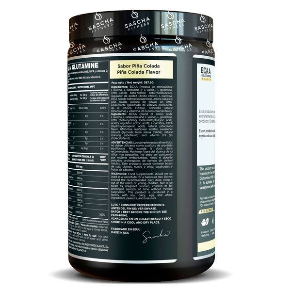Ingredientes y advertencias de BCAA + Glutamina Piña Colada de Sascha Fitness, 387,5 g
