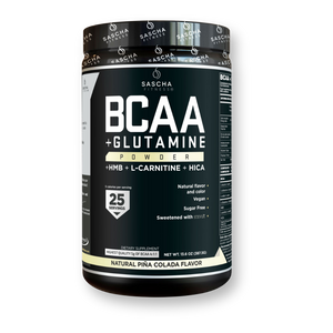 Vista frontal del bote de BCAA + Glutamina Piña Colada de Sascha Fitness, 387,5 g