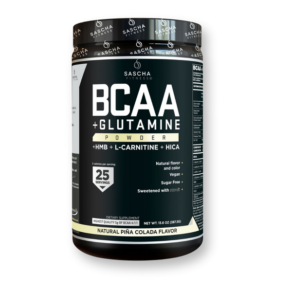 Vista frontal del bote de BCAA + Glutamina Piña Colada de Sascha Fitness, 387,5 g