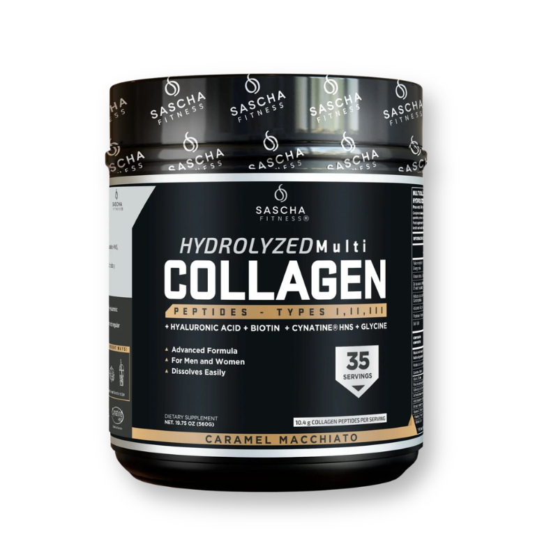 Envase del colágeno hidrolizado sabor caramel macchiato de Sascha Fitness