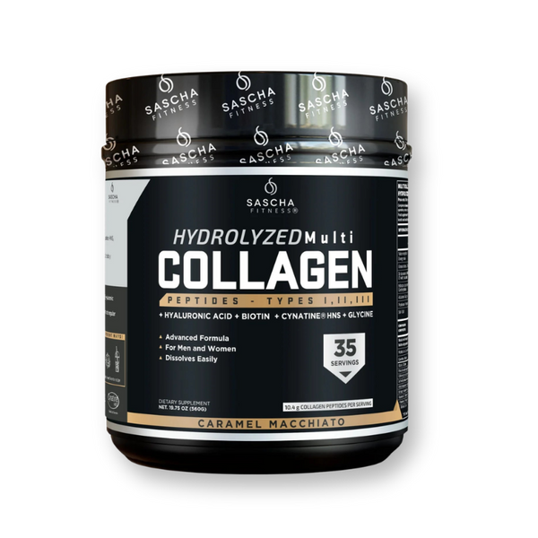 Envase del colágeno hidrolizado sabor caramel macchiato de Sascha Fitness