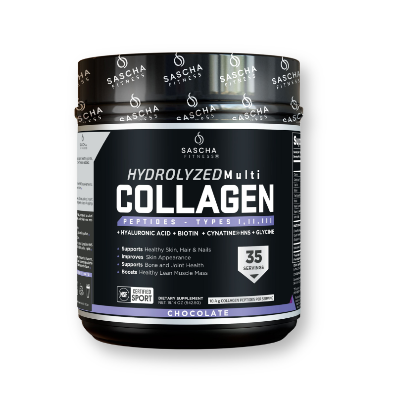 Envase del colágeno hidrolizado sabor chocolate de Sascha Fitness