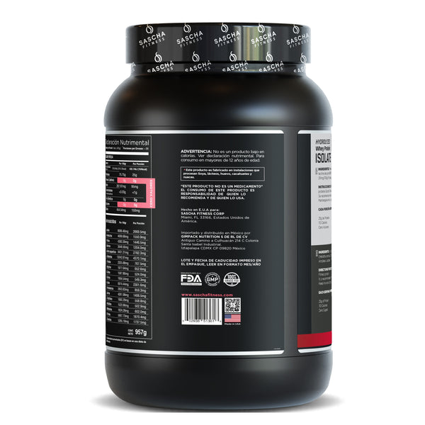 Detalle de la etiqueta trasera de la proteína Whey fresa de Sascha Fitness