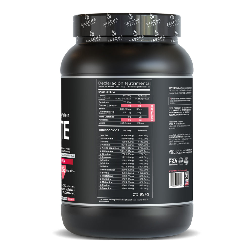 Envase de la proteína Whey Isolate Hidrolizada sabor fresa de Sascha Fitness, 957 g