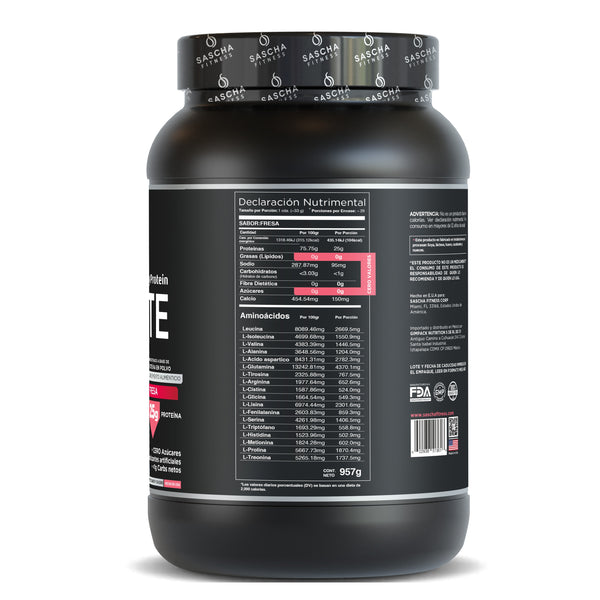 Información nutricional de la proteína Whey sabor fresa de Sascha Fitness