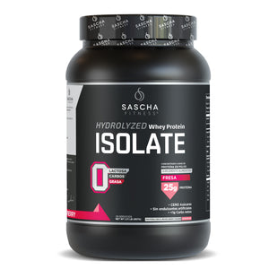 Envase de la proteína Whey Isolate sabor fresa de Sascha Fitness, 957 g
