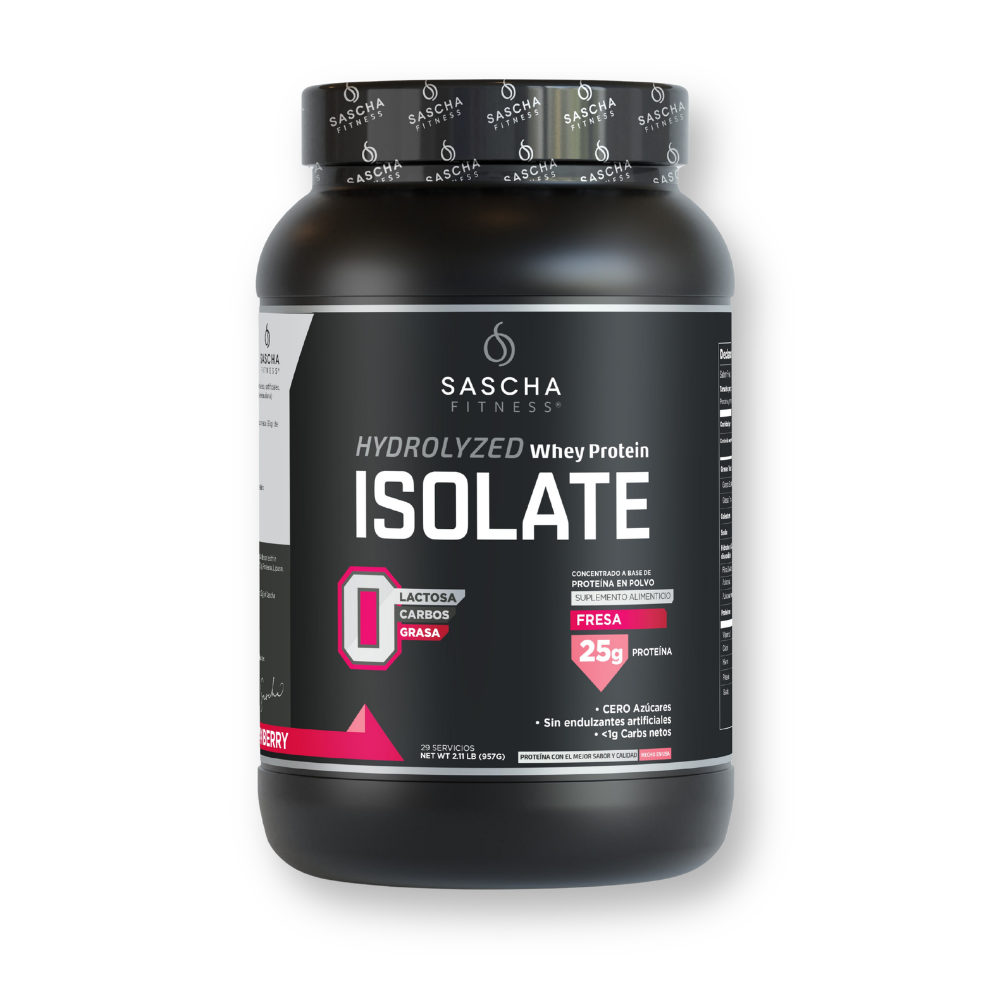 Envase de la proteína Whey Isolate Hidrolizada sabor fresa de Sascha Fitness, 957 g