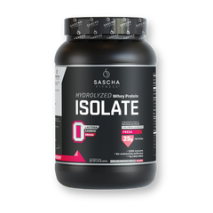 Envase de la proteína Whey Isolate Hidrolizada sabor fresa de Sascha Fitness, 957 g