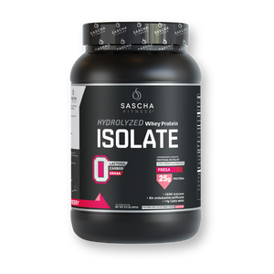 Envase de la proteína Whey Isolate Hidrolizada sabor fresa de Sascha Fitness, 957 g