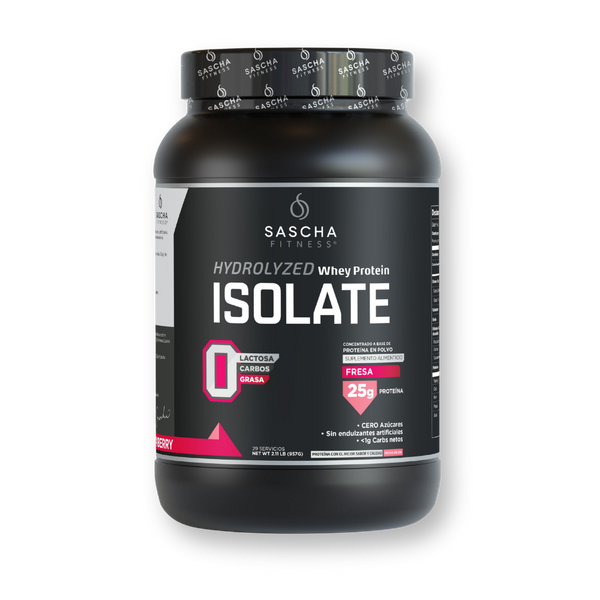 Envase de la proteína Whey Isolate Hidrolizada sabor fresa de Sascha Fitness, 957 g