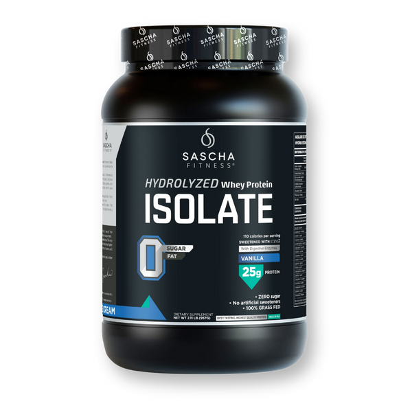 Envase de la proteína Whey Isolate Hidrolizada sabor vainilla de Sascha Fitness, 957 g
