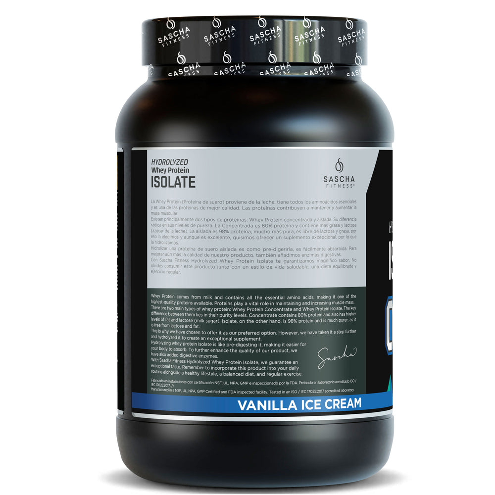 Envase de la proteína Whey Isolate Hidrolizada sabor vainilla de Sascha Fitness, 957 g