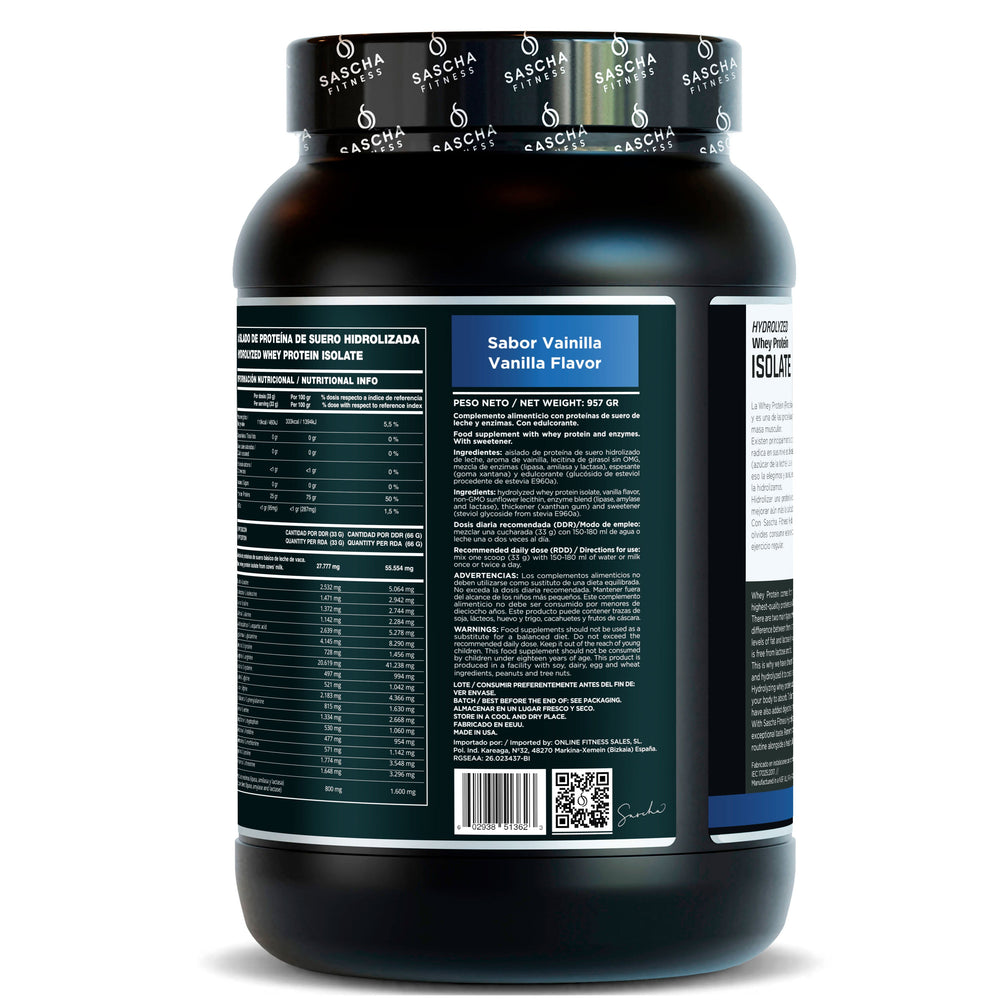 Envase de la proteína Whey Isolate Hidrolizada sabor vainilla de Sascha Fitness, 957 g