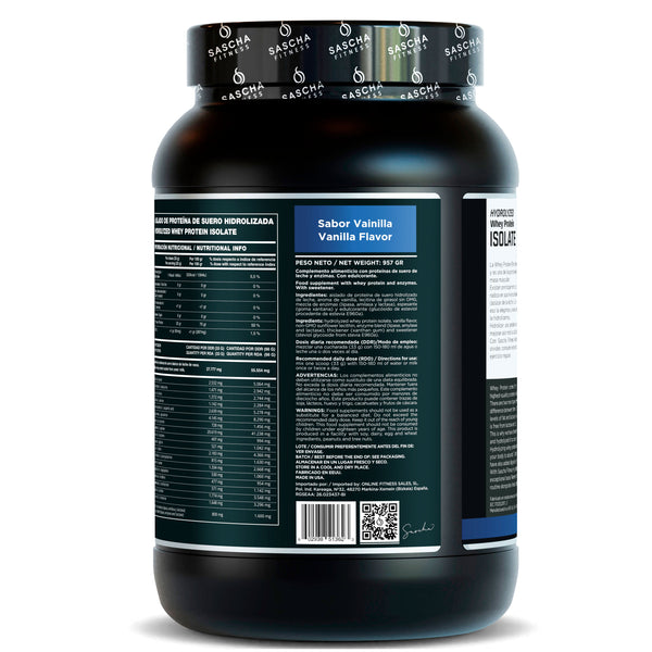 Detalle de la etiqueta trasera de la proteína Whey vainilla de Sascha Fitness