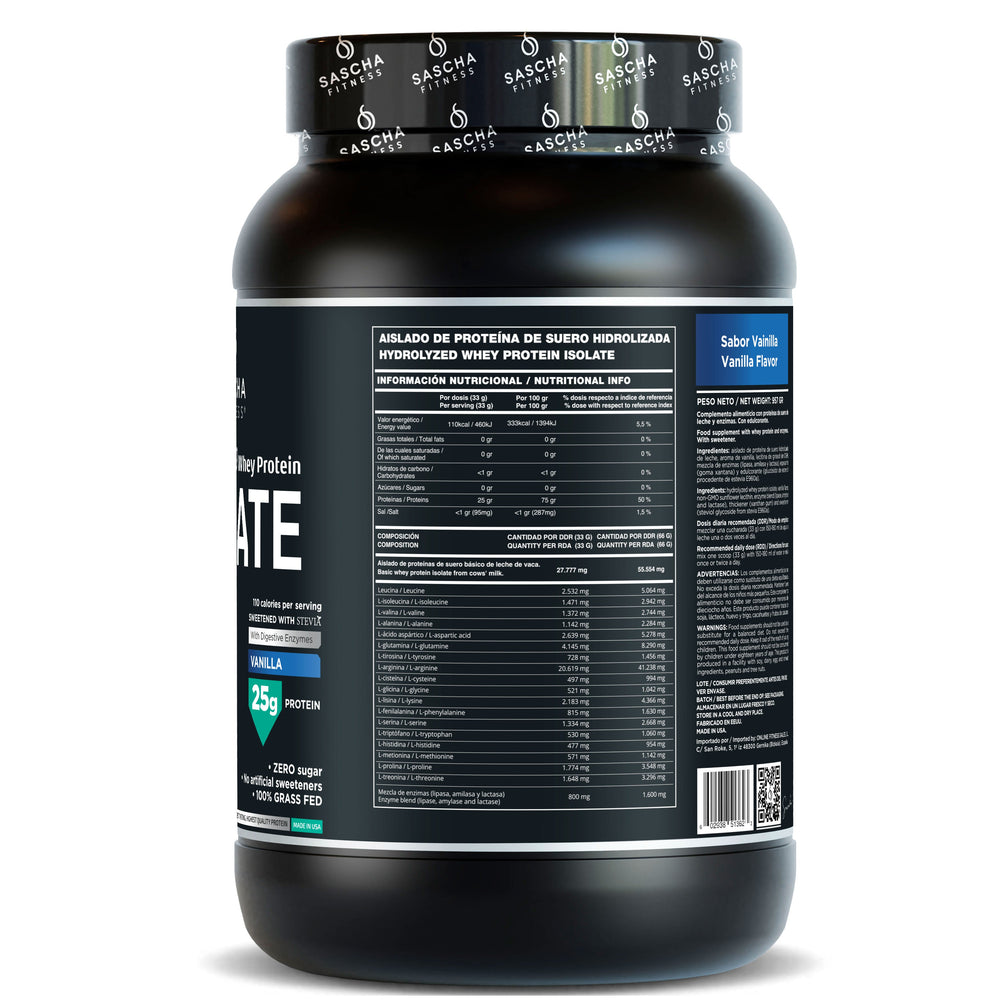 Envase de la proteína Whey Isolate Hidrolizada sabor vainilla de Sascha Fitness, 957 g