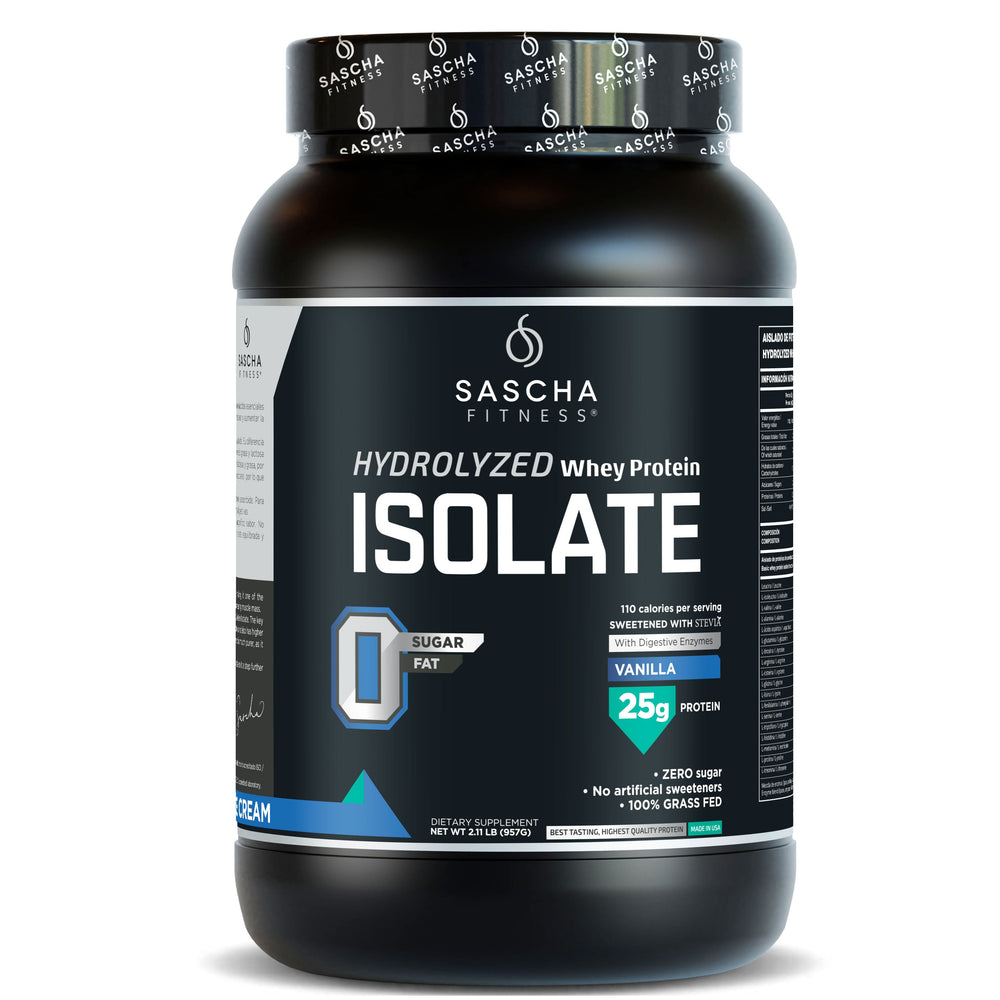 Envase de la proteína Whey Isolate sabor vainilla de Sascha Fitness, 957 g