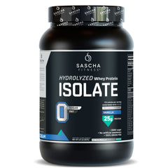 Envase de la proteína Whey Isolate sabor vainilla de Sascha Fitness, 957 g